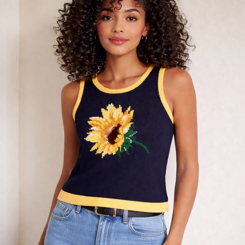 Vintage 90’s Sunflower Embroidered Knit Vest/Tank Navy & Yellow sz L